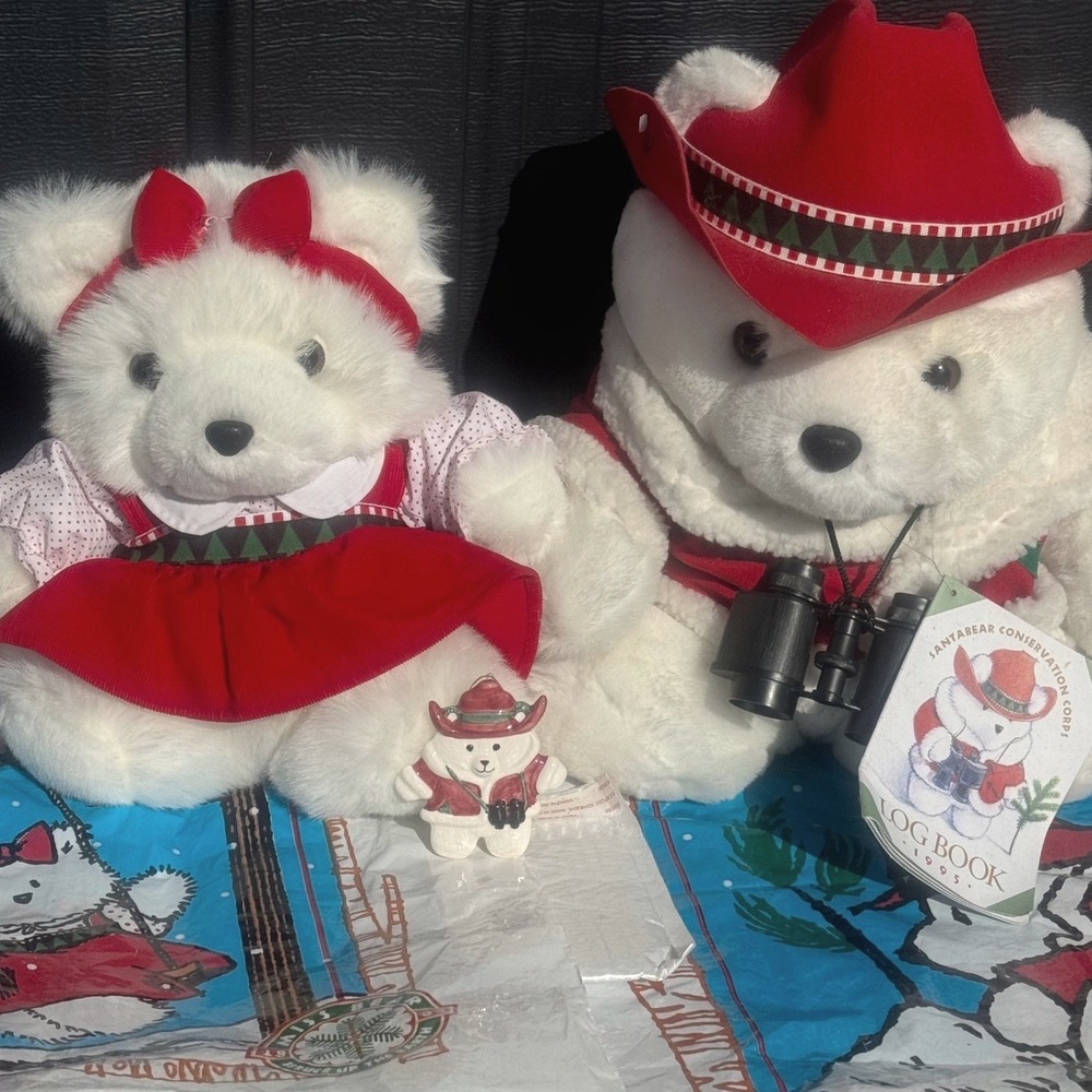 1995 Santabear and Miss Bear Conservation Corps Plush Set with Ornament and Bags